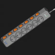 Мережевий фільтр 2E 6xТипF, 16A, 2xUSB-A, 1x USB-C, 3m (Black)